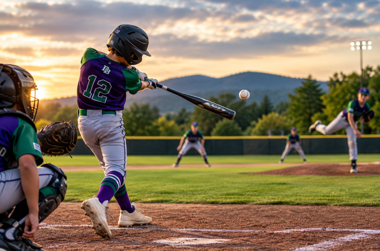 Youth baseball player swinging the bat at sunset